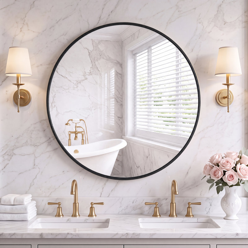 Miroir mural rond en métal, Noir, noir, noir, noir, 20 po x 20 po