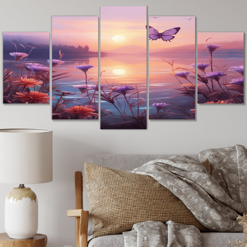 Papillon rose, coucher de soleil magique - décoration murale animaux - 5 panneaux