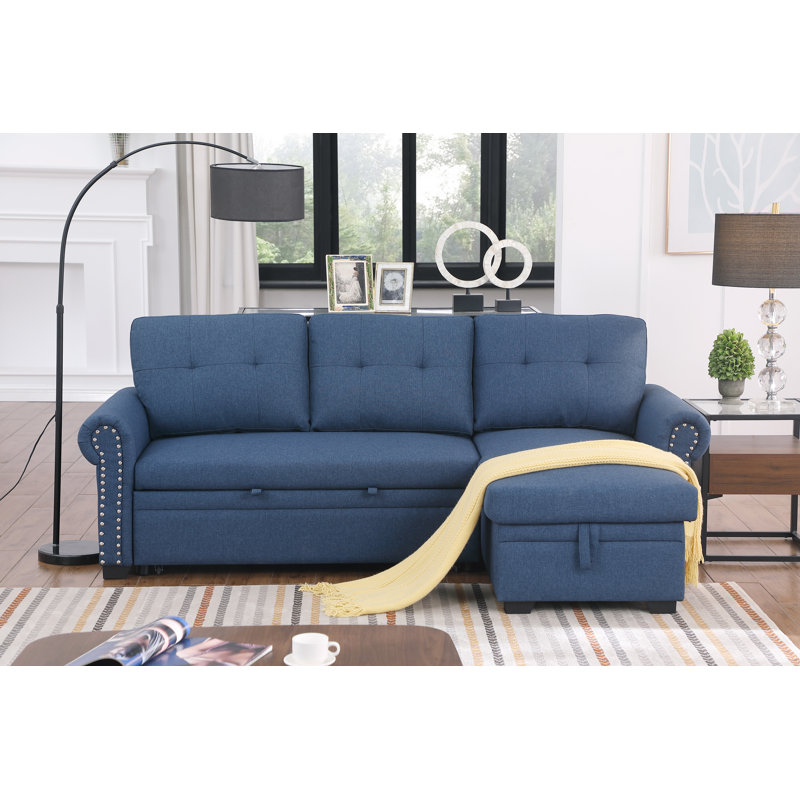 Peardon Upholstered Sofa & Chaise Sectional with Pull Out Bed, Blue Polyester Blend