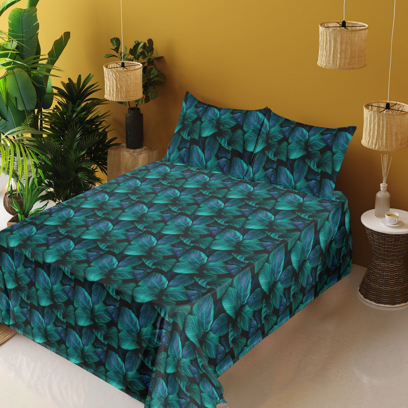 Ambesonne Nature Sheet Set Realistic Look Tropical Art Violet Blue and Fern Green, King Sheet Set with 2 Pillowcases