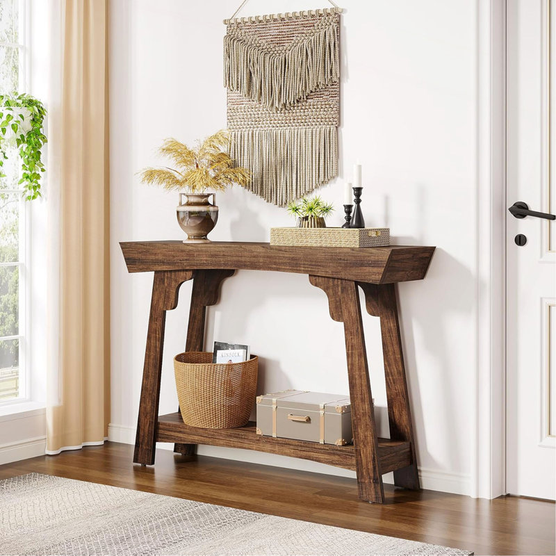 41 Inch Wood Console Table Behind Couch, 2-Tier Small Entryway Table With Storage, Farmhouse Narrow Sofa Table For Hallway, Living Room, Rustic Brown