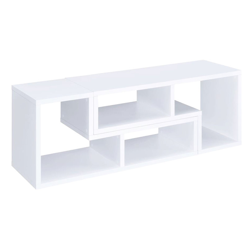 Console de télévision convertible et bibliothèque - blanc, idée de rangement asymétrique et panneau de particules fabriqué en option géométrique blanche, fabrication