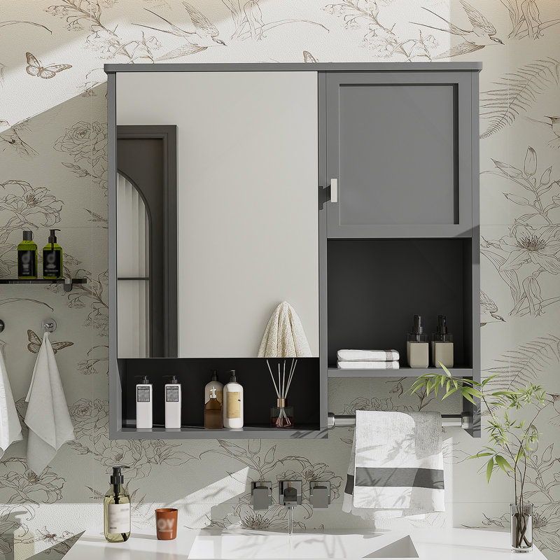 Armoire de salle de bain murale, armoire de rangement murale avec miroir et barre à serviettes