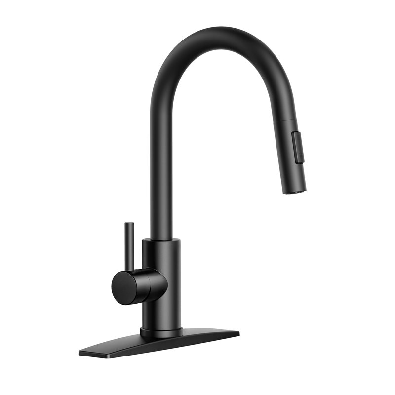 Pull Down Single Handle Kitchen Faucet With Deck Plate, Handles and Supply Lines, Black