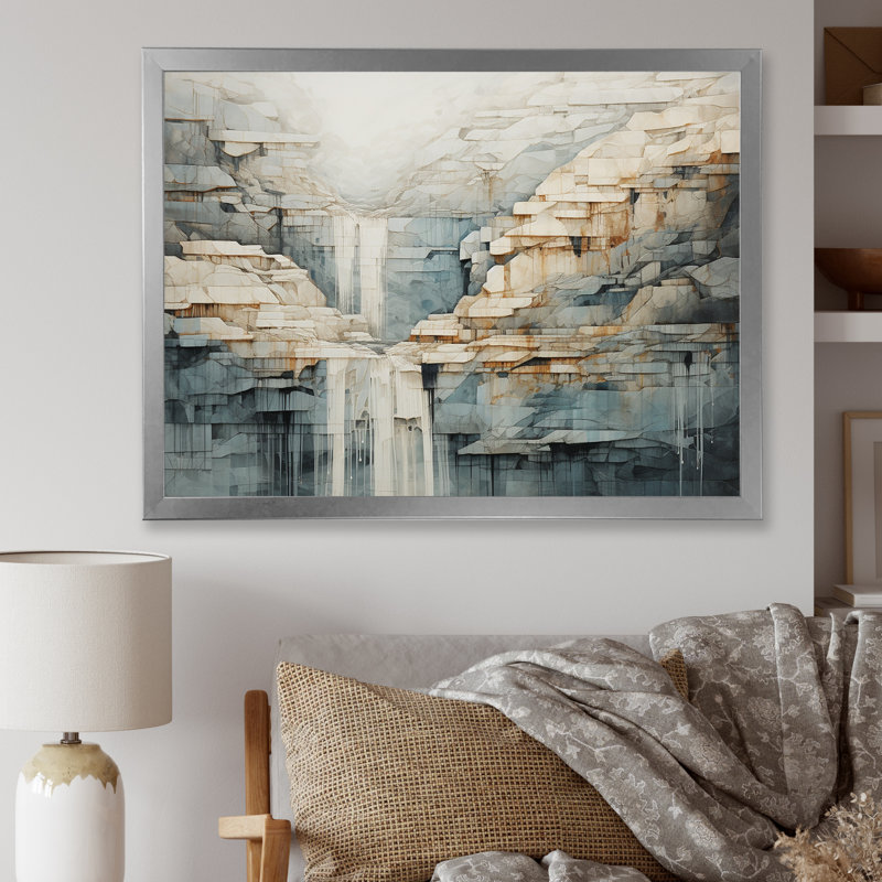«Gold and Gray Waterfall Adventure Scene III», reproduction sur toile, Cadre simple argenté, H 24 po x l 32 po x P 1 po