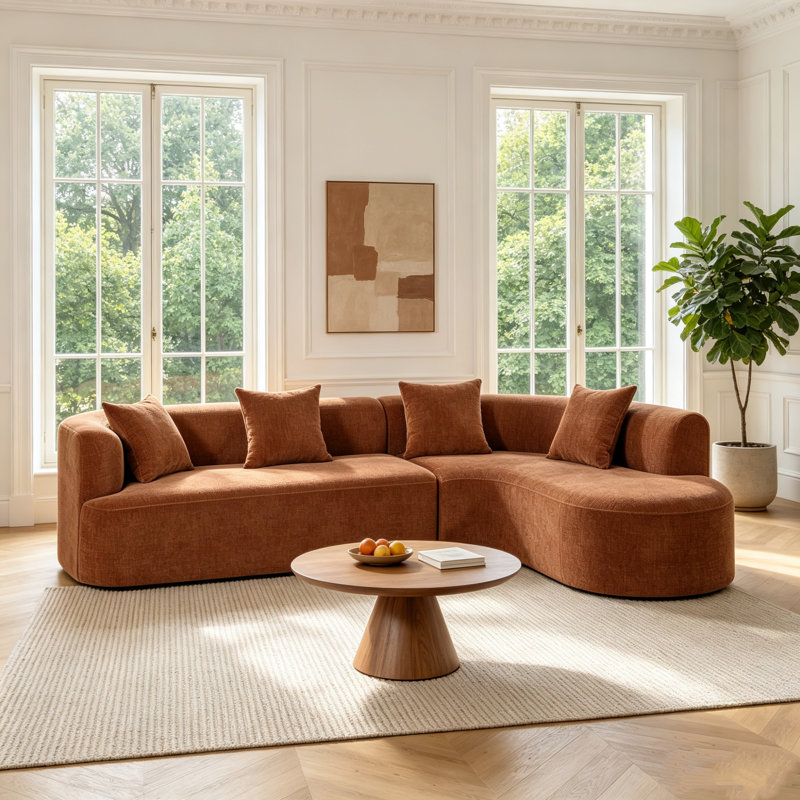 Canapé modulaire courbé 2 pièces avec 4 coussins décoratifs pour le salon, Chenille orange