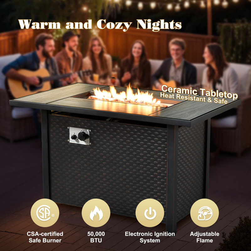Daliya 7 - Person Outdoor Wicker Patio Conversation Furniture Set With Fire Pit Table And Swivel Rocking Chairs, Gray