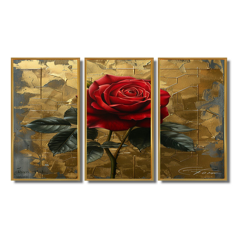 Ensemble de salon art mural rétro rose rouge I, Cadre flottant doré, H 40 po x l 60 po x P 1 po