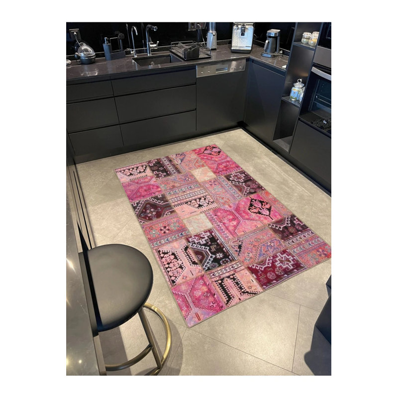 Pink Knot Floral Modern Patterned Woven Base And Decorative Washable Carpet, Round 5'