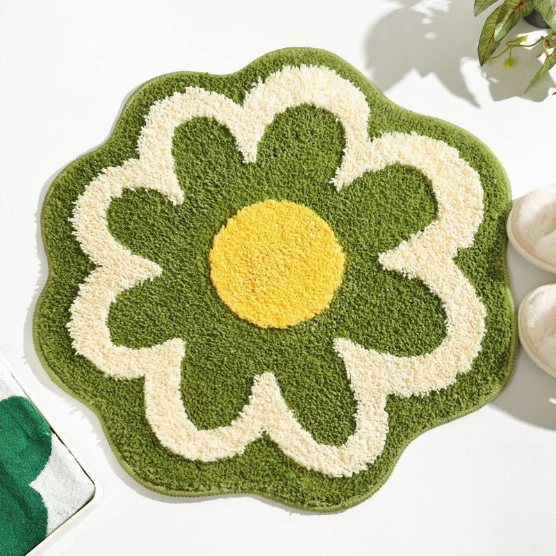  Green Flower Shaped Bath Rug, Non-slip Water Absorbent Bathroom Mat, Super Cute Machine Washable Bathroom Rug, Small Round Floral Soft And Fluffy Bath Mat