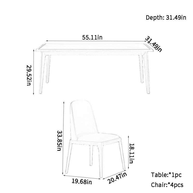 High-end Rock Plate Solid Wood Dining Table Sets 4 - Person Four Leg Dining Set, 29.52"H x 55.11"L x 31.49"W
