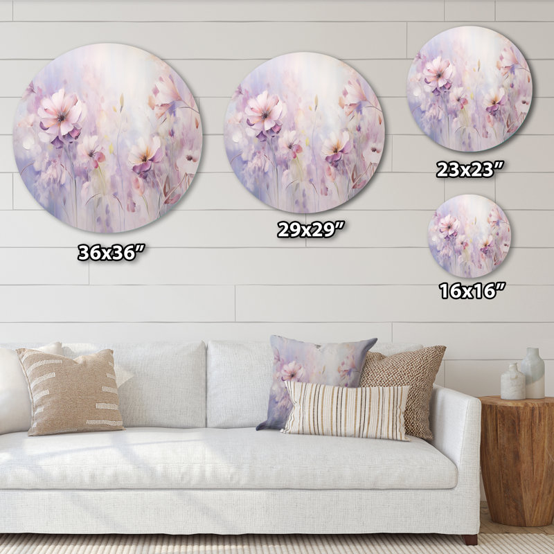 Mauve Botanical Whispers III - Art abstrait rond en métal, H 16 po x l 16 po