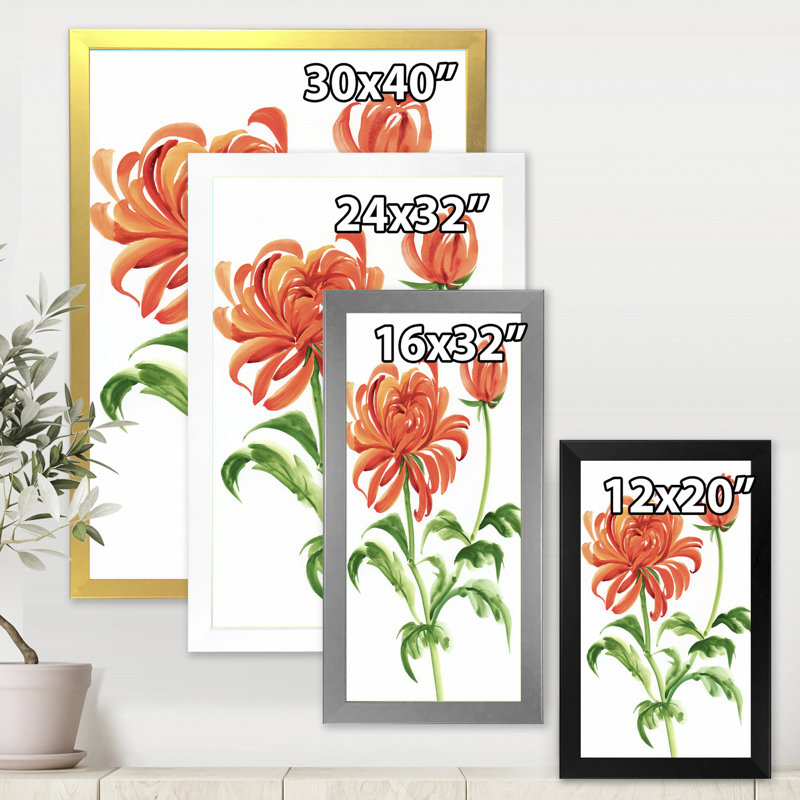 Fleur de chrysanthème orange rétro - peinture sur toile, H 32 po x l 24 po x 1,5 po, Toile avec cadre argenté