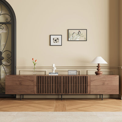 Kleitos 94.48 Inch Extra Long TV Stand for 100 Inch TV Modern Wood Media Console with Slatted Doors and Storage Entertainment Center Walnut