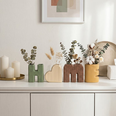 Ensemble de vases 4 pièces en céramique avec oe en forme de cœur, vases décoratifs texturés à nervures pour fleurs et verdure, Boho Farmhouse Table Decor