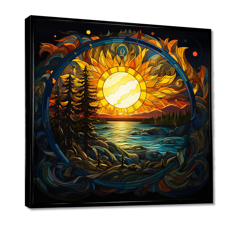 «Vibrant Yellow Sun» au-dessus de Forest Lake - rivière, art mural, Cadre flottant noir, bois massif, H 16 po x l 16 po