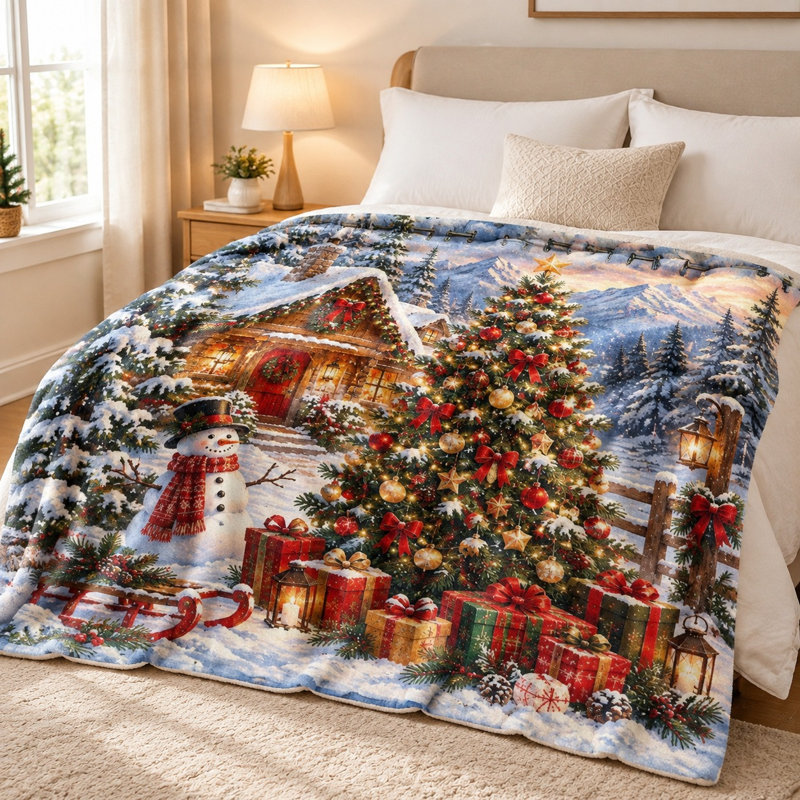Couverture en peluche douillette à motif bonhomme de neige et sapin de Noël, jeté polaire festif pour canapé, lit et décoration intérieure, motif scène hivernale.