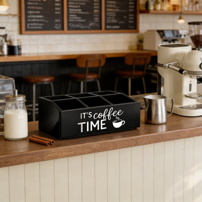 Coffee Station Organiser - Panier de rangement de comptoir en bois rustique pour dosettes de café, sachets de thé, agitateurs et condiments | Support tout-en-un pour la cuisine, le bureau et le café