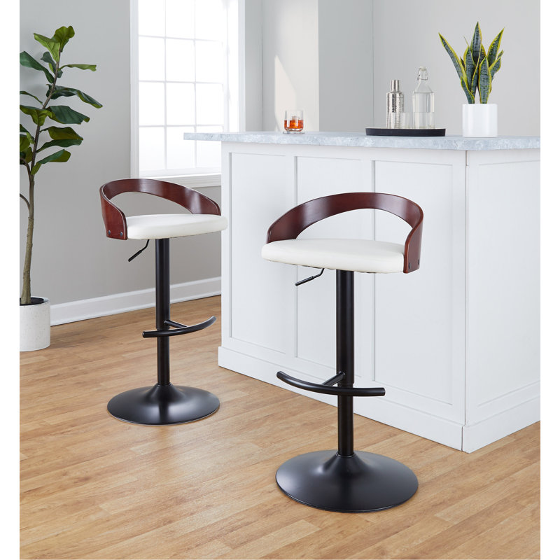 Tabouret réglable avec pivot en métal noir, bois d'acajou et similicuir blanc avec repose-pieds arrondi en T - ensemble de 3