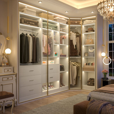 63.2" L x 63.2" W x 80" H Freestanding Closet System,Corner Closet Organizer System with 5 Drawers & 12 Shelves