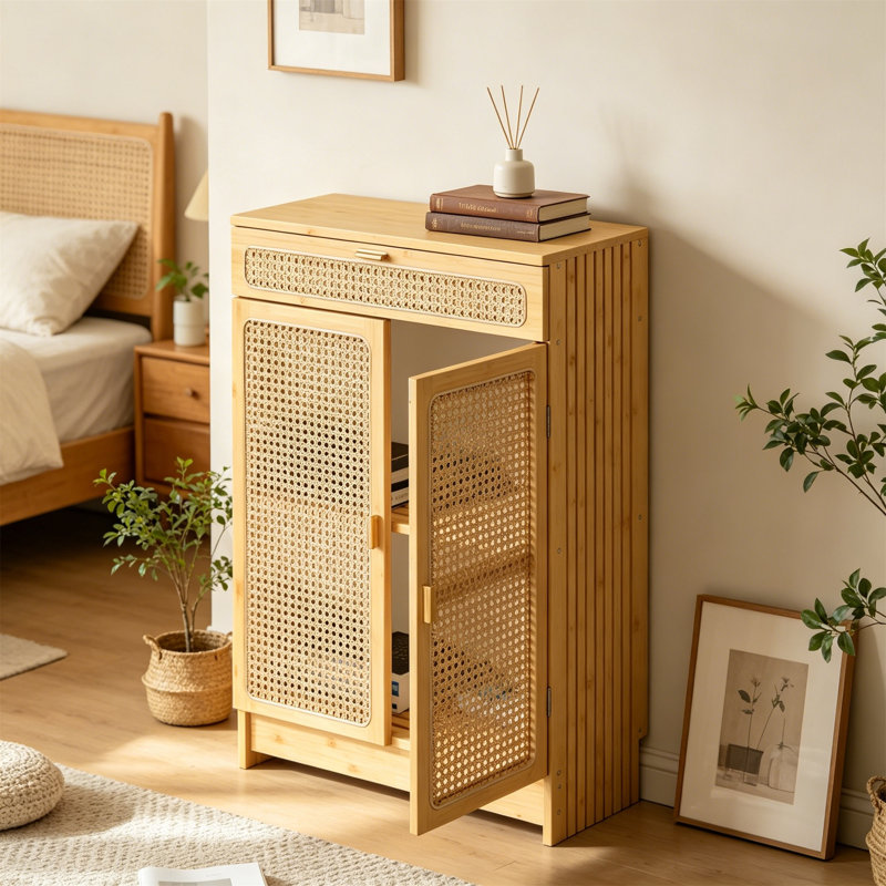 WiFi Router Storage Cabinet with Adjustable Shelves, 2-Tier Bamboo Cabinet with Rattan Doors and Drawer, Cable Management, Home & Office
