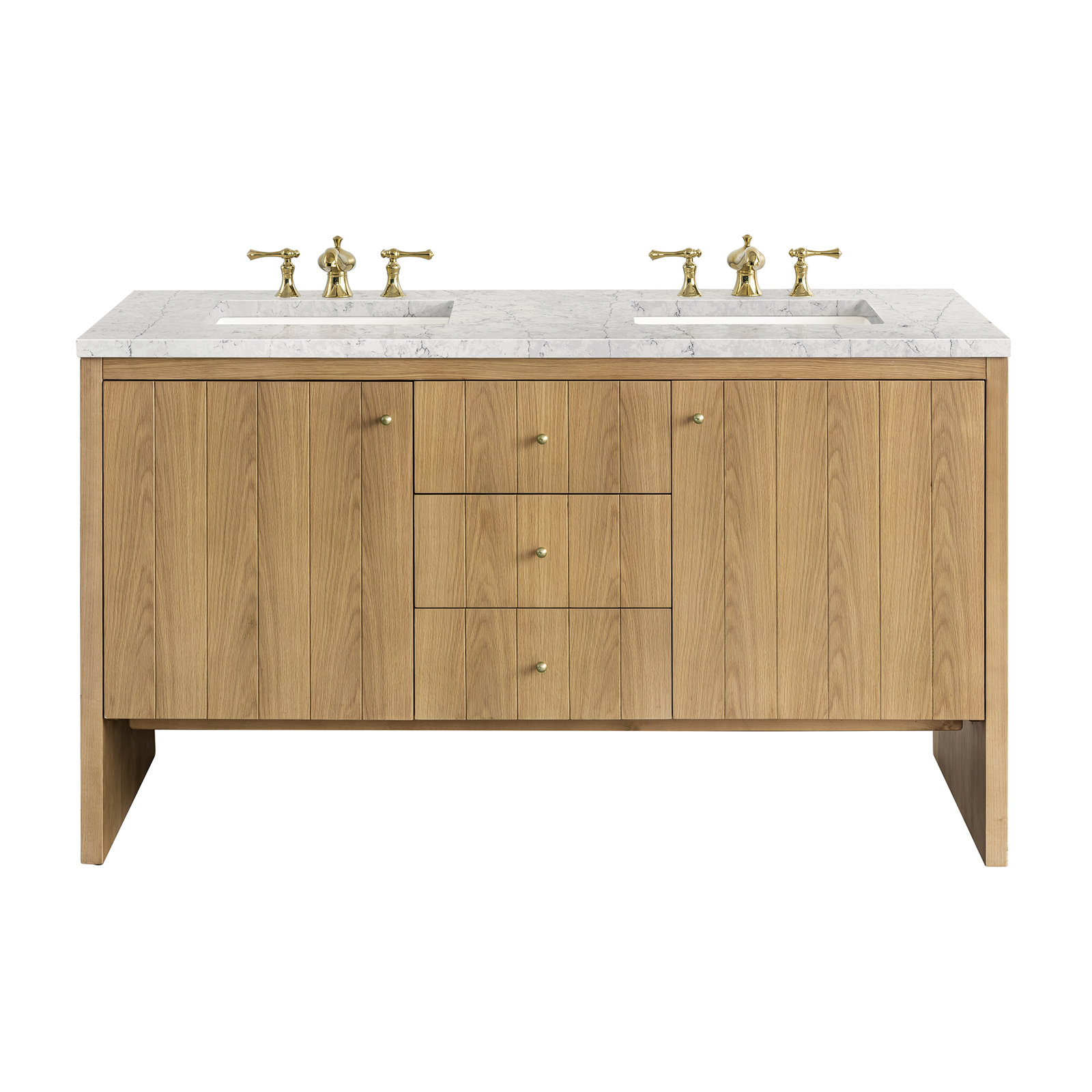 Hudson 60" Double Vanity, FreePower Wireless Charger, Eternal Jasmine Pearl, Light Natural Oak