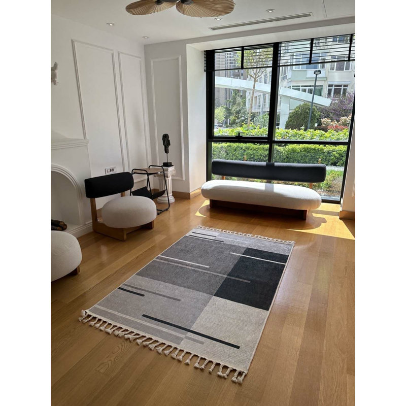 Coton imprimé rayé gris Toscana Tapis chenille antidérapant, Rectangle 3 pi 3 po x 13 pi 1 po