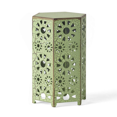 14 Inch Side Table with Sunburst Cut Out Design, Lightweight and Stylish for Outdoor Use, Crackle Green Finish