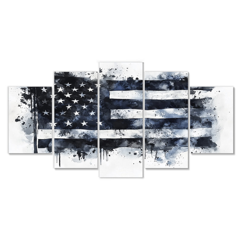 Aquarelle, drapeau américain noir et blanc - art mural États-Unis - ensemble de 5 décorations murales traditionnelles