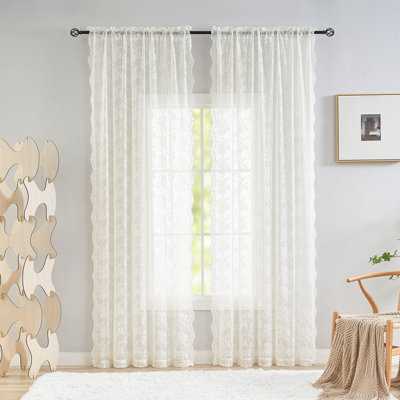 Ettorino Vintage Lace Curtains 84 Inches Long-Romantic Flowers And Branch Sheer Lacy Curtains For Living Room French Door 1 Pair Rod Pocket, 52 X 84 Inch Ivory