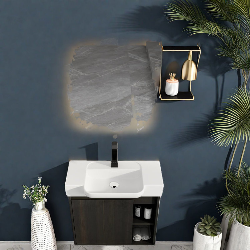 Meuble-lavabo moderne peu encombrant avec lavabo en céramique, conception compacte en chêne foncé