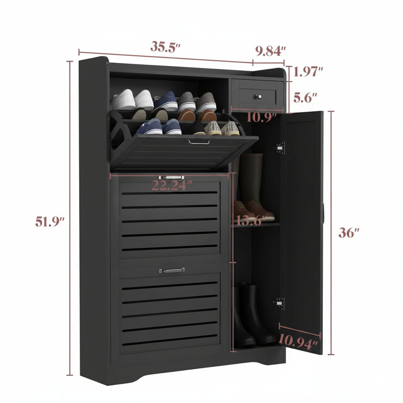 3-Drawer 18 Pairs Narrow Shoe Cabinet With Flip Doors And Adjustable Shelves For Entryway, Black