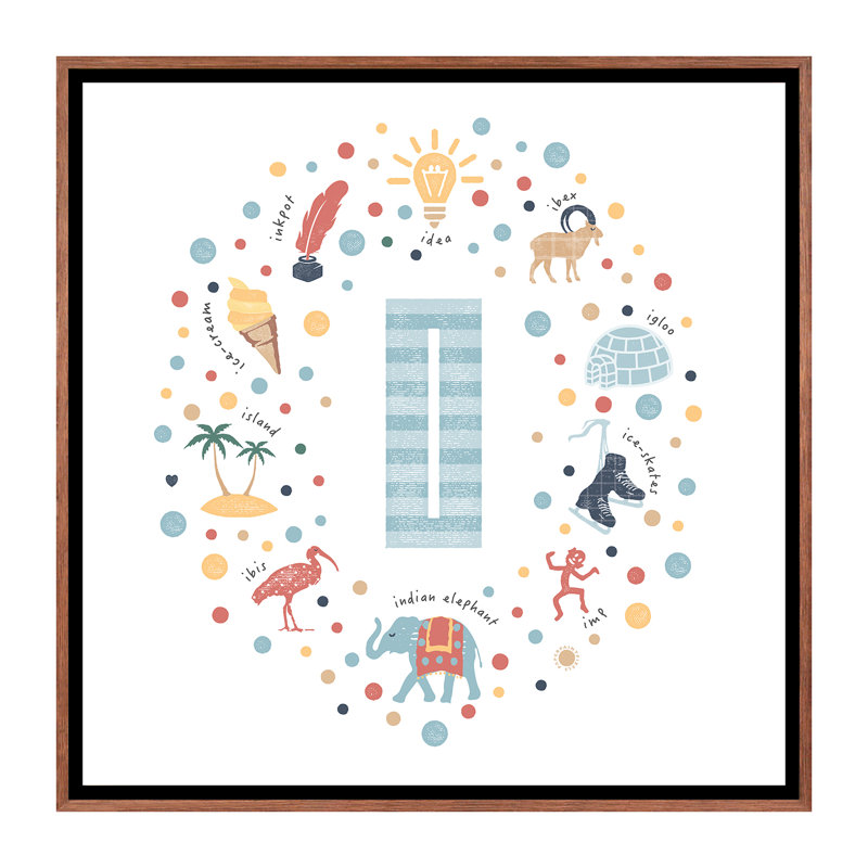 Lettre illustrée I bleue - impression, Pas de tapis, H 26 po x l 26 po x P 1,5 po, Toile avec cadre brun