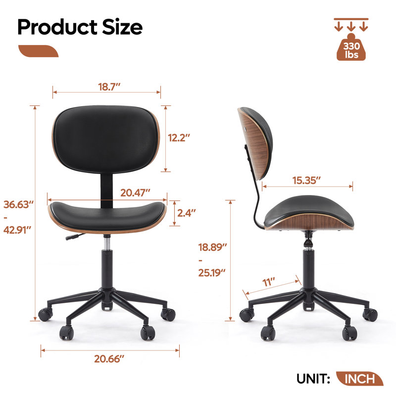 Arne Bentwood Ergonomic Armless Office Desk Chair with Wheels, Comfy Computer Chair with Lumbar Support, PU Leather Mid Back Adjustable Height 360° Rolling Swivel Task Chair