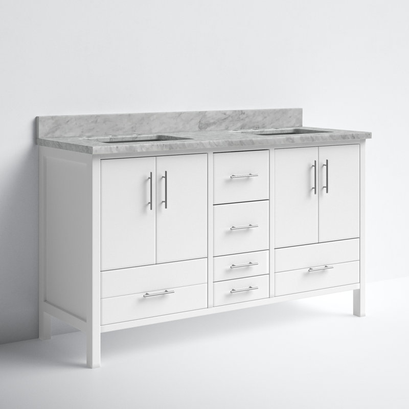 Kiara 60'' Double Bathroom Vanity with Top, White, Carrara Marble