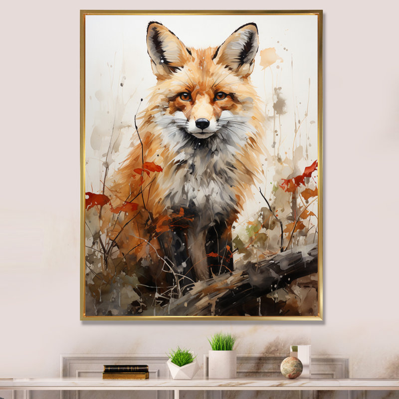 Fox Wilderness Observer - Art mural de renard pour le salon, Cadre flottant doré, H 32 po x l 24 po x P 1 po