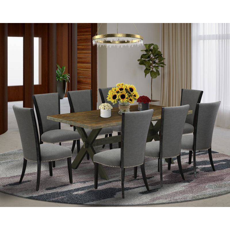 Ensemble de table de salle à manger 9 pièces comprenant une table de salle à manger rectangulaire avec pieds en X et 8 chaises Parsons en tissu Gotham foncé, noir brossé