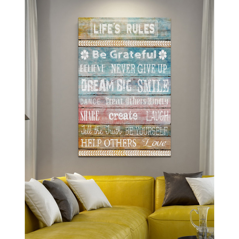 Life Rules - impression d'art textuel, H 48 po x l 32 po x P 1,5 po, Toile tendue