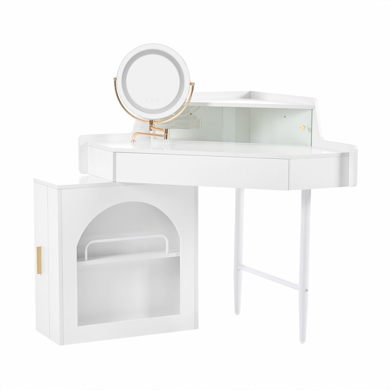 Bureau de coiffeuse de coin avec miroir et lumières à DEL, ensemble de coiffeuse moderne avec miroir et tabouret, coiffeuse avec grand rangement pour petite place, miroir pliable réglable