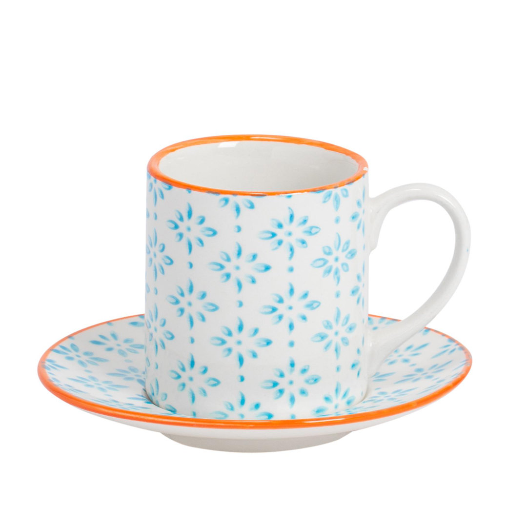 Nicola Spring - Hand-Printed Espresso Cup & Saucer Set - 65ml - Blue