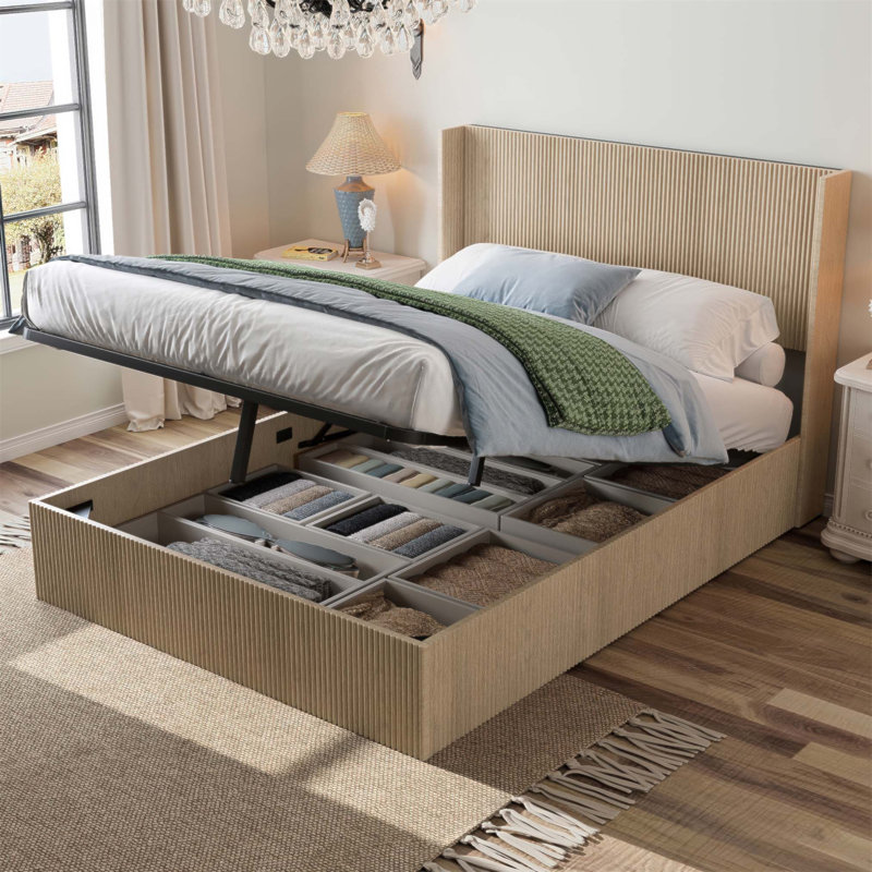Grand lit plateforme avec rangement surélevé en bois avec système de levage hydraulique et sans sommier, idéal pour les chambres élégantes et peu encombrantes (sans matelas)
