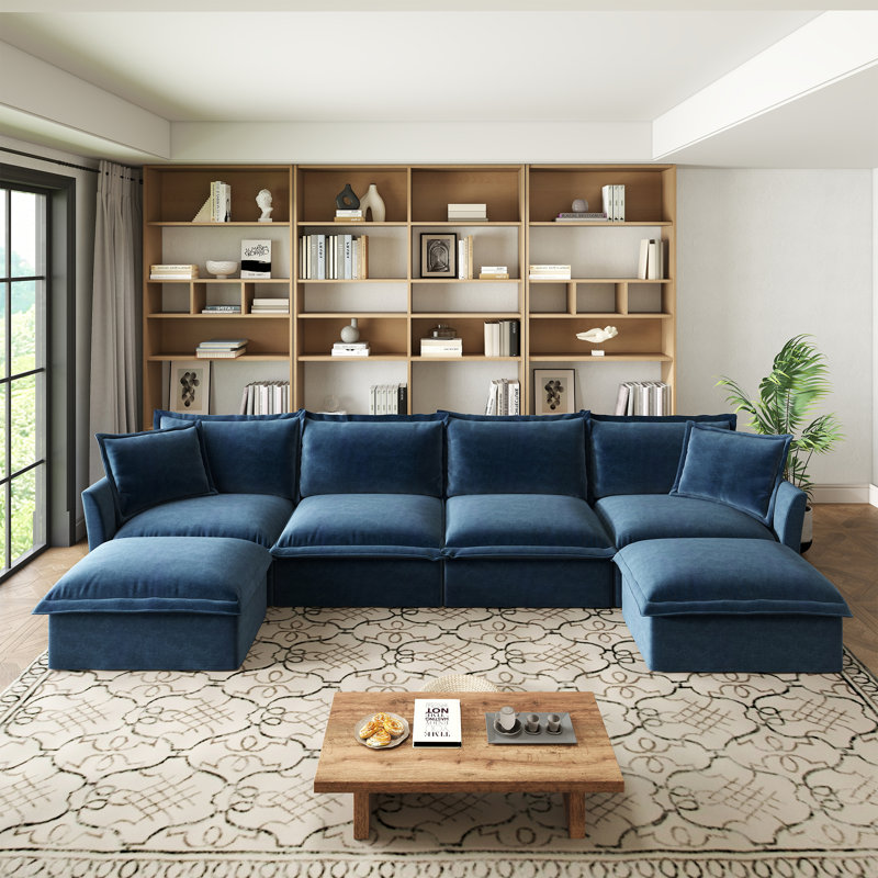 U Shape Sectional Wide And Deep Seat Sofa Couch, 4 Seater Sofa,Cloud Couch For Living Room, Apartment, Fabric, Blue Chenille