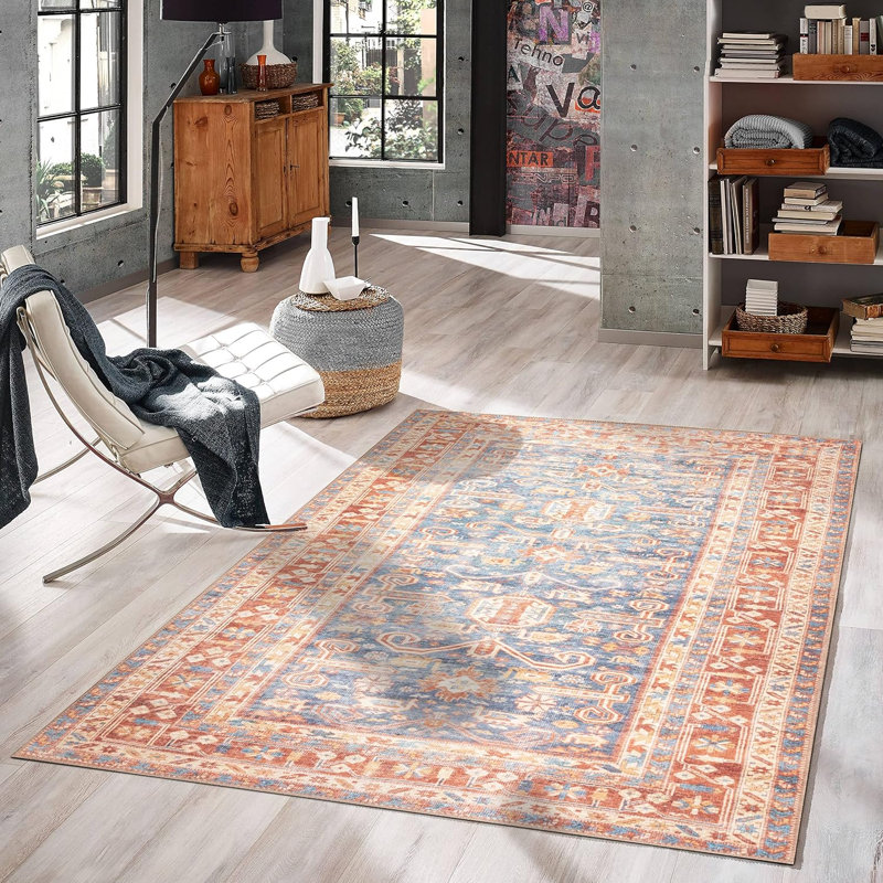 GLN Rugs Traditional Collection - Machine Washable Area Rug, Traditional Washable Rug, Non Slip Washable Rug, Low Pile Chenille Living Room Rug, Bedroom Rug, Kitchen Rug (Terra and Blue Rug)