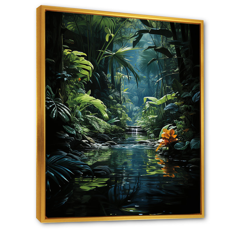 Jungle Palm Trees Azure Archway sur toile, Cadre flottant doré, H 44 po x l 34 po x P 1,5 po