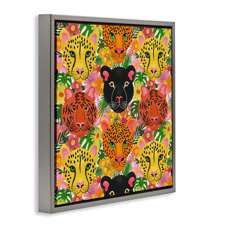Cadre flottant Jungle Cats, par Carrie Cantwell, H 25 po x l 25 po, Cadre flottant gris lustré