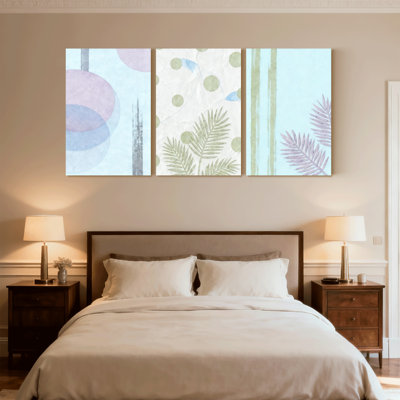 Ensemble de 3 impressions sur toile contemporaines boho abstraites à motif de cercles, de pois, de rayures et de couleurs pastel