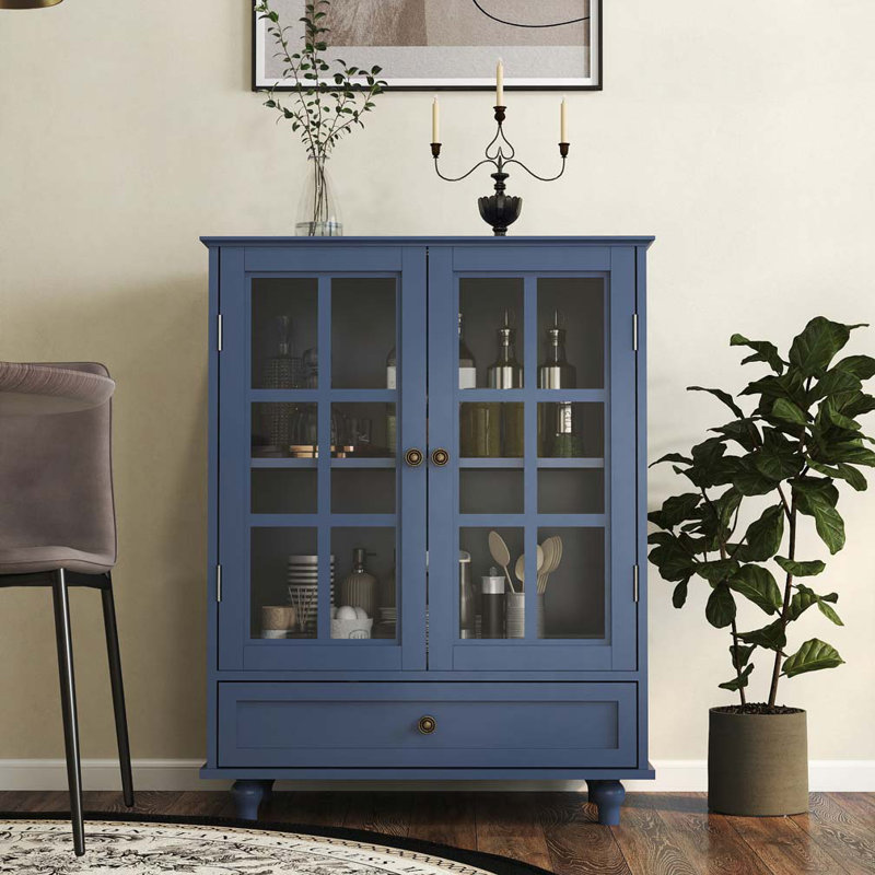 Armoire de rangement avec portes doubles en verre et tiroir, Bleu