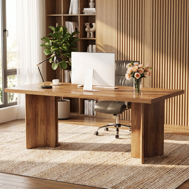 63" Farmhouse Executive Desk – Vintage Wood Computer Workstation With Thickened Tabletop, Large Writing & Conference Table For Home Office Or Study