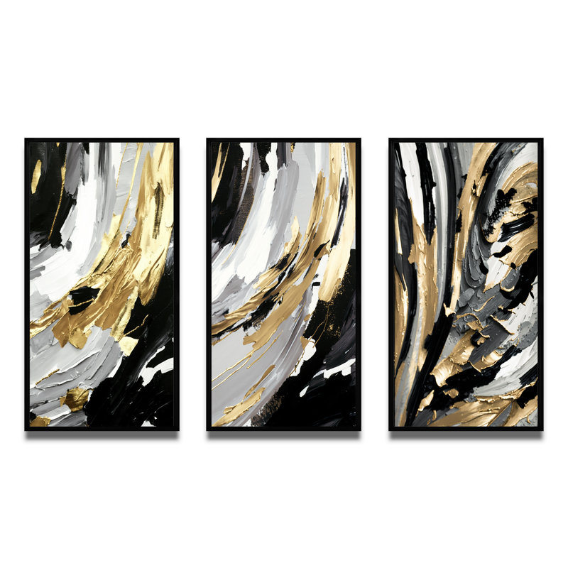 "Rythme de plaisir abstrait noir et or", 3 pièces sur toile, Cadre noir, H 28 po x l 36 po