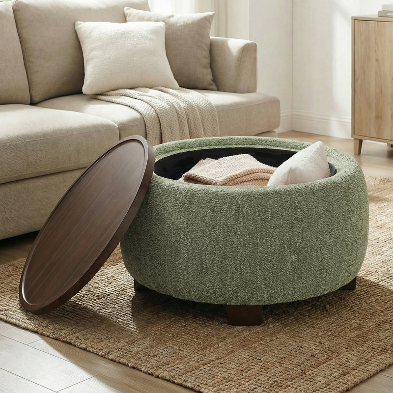 Upholstered Round Storage Ottoman with Wooden Tray, Green